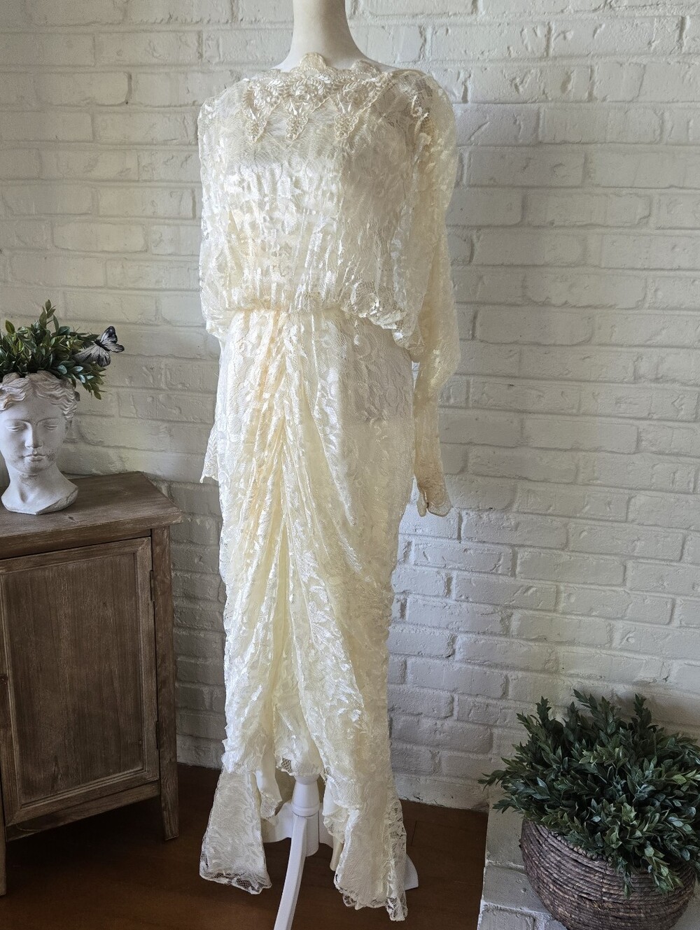Vtg 80s Cascading Lace Floral Wedding Gown, Draped, Mermaid, Romantic